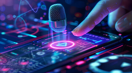 A finger touches a phone screen with a microphone and neon graphics in a futuristic setting design .