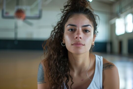 Portrait of a young Hispanic woman in indoor basketball court