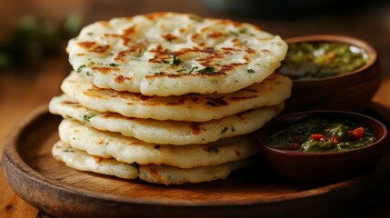 Stack of homemade flatbreads with spicy green sauce on wooden plate.