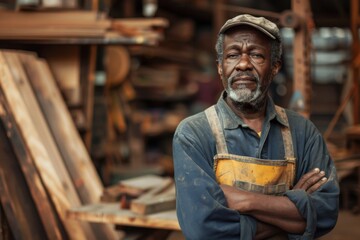 Portrait of a middle aged african american male carpenter in shop