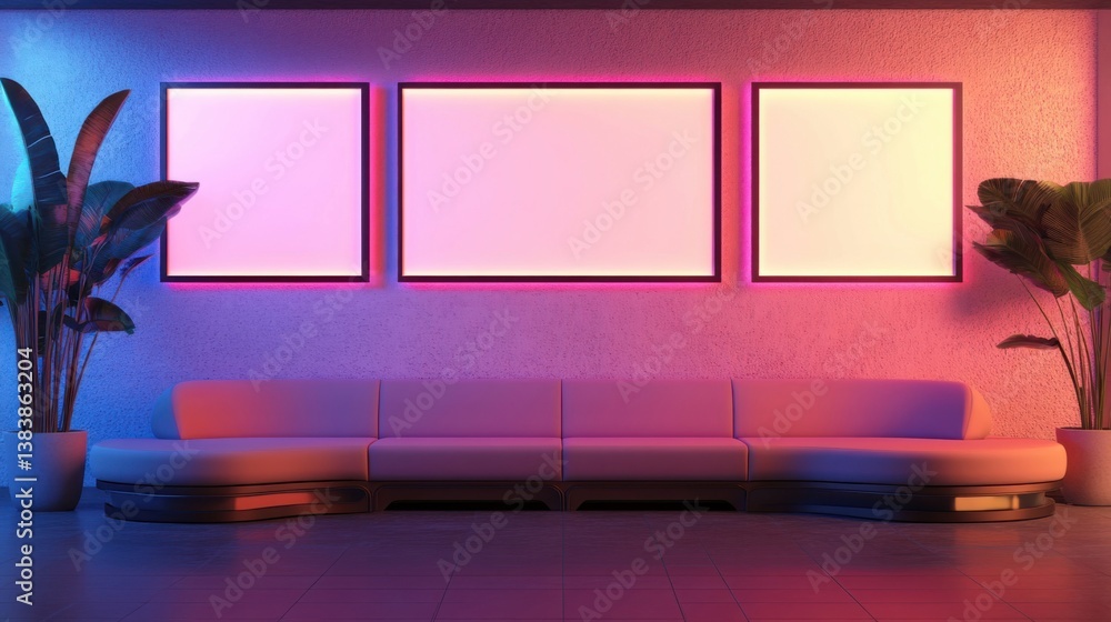 Poster a couch in a room with three blank frames