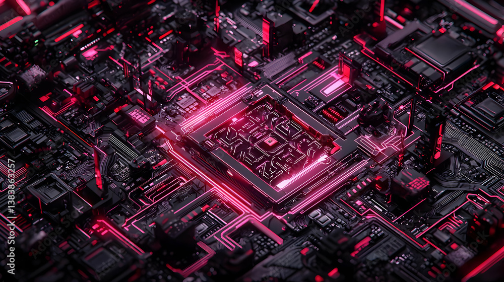 Poster abstract futuristic circuit board design with glowing red components