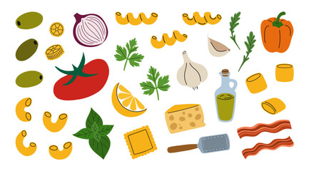 Cartoon illustration of Italian cuisine ingredients. Fresh vegetables and various pasta for cooking. Hand drawn food collection isolated on white background.
