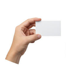 Obraz premium Hand Holding Blank Business Card - Close-up of a hand holding a blank white business card against a white background. Perfect for mockups