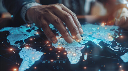A hand hovers over a digital world map with glowing connections between continents and countries shown .