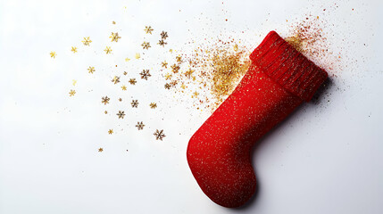 Red Christmas Stocking With Gold Glitter On White Background