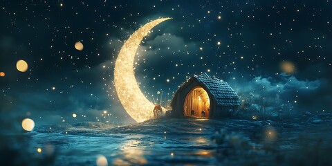 Celestial Animal Shelter Resting on a Crescent Moon Wallpaper Background for Fantasy, Celestial, and Dreamy Design Projects