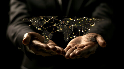 A person holding a glowing world map with interconnected lines in their hands on a dark background .