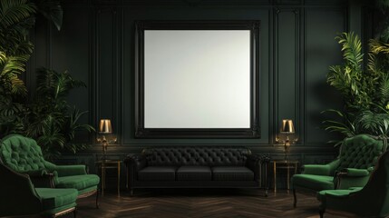Fototapeta premium a living room with a black couch and green chairs