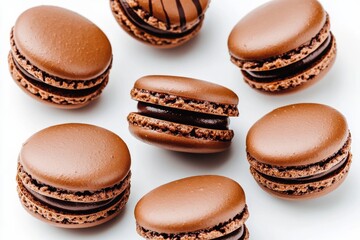 Fototapeta premium Chocolate Macarons: A delectable assortment of chocolate macarons are presented, showcasing their perfect round shape and rich, dark filling, a true dessert delight. 