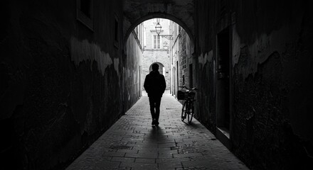 A solitary figure in silhouette walks through a narrow, arched alleyway in a black and white image, moving away from the viewer towards a light source.