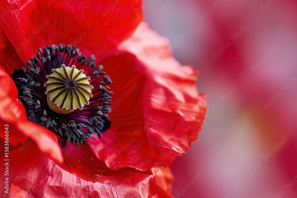 Poster macro view of vivid red poppy with intricate textures and subtle american flag background