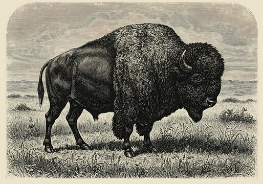 Vintage bison illustration antique american buffalo engraved drawing