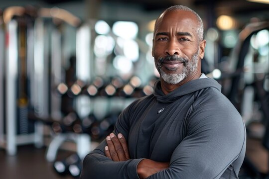 Portrait of a middle aged male African American fitness trainer in workout attire at the gym