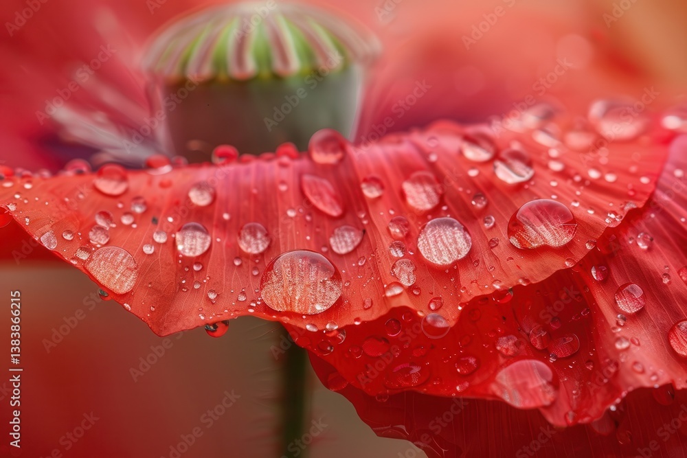 Poster macro view of red poppy with water droplets and textured petals in softly blurred background