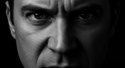 Fototapeta premium Intense Close-Up of an Angry Man's Face - A powerful monochrome portrait conveying anger, frustration, and defiance. The close-up emphasizes texture, emotion, and intensity. Symbolizing rage