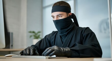 Male hacker in black outfit working on computer in office