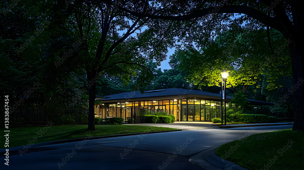 Poster night view of a modern building illuminated by warm lights surrounded by trees and a pathway