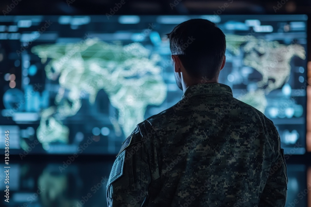 Poster soldier observes global map on digital display in military command center during operations