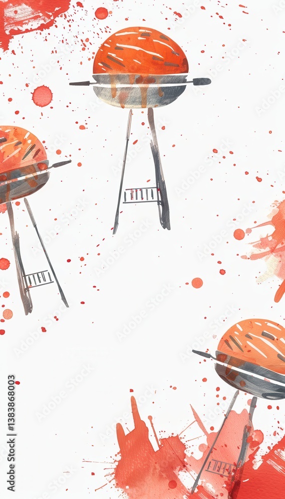 Poster minimalist bbq frame with subtle grill patterns and red lines on white background for modern design