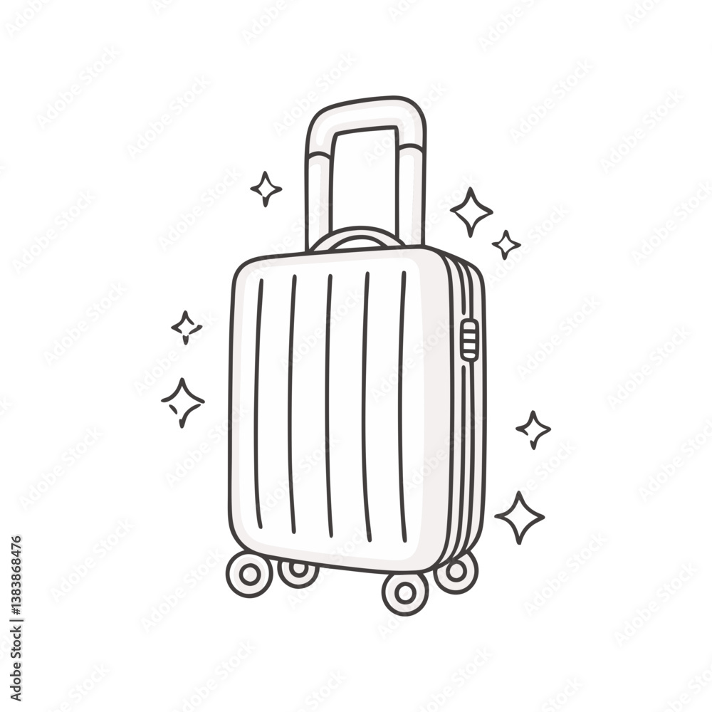 Poster modern rolling suitcase with sparkles, illustrated in a sleek and minimal outlined vector style.