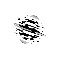Abstract Black & White Planet with Rings, Modern Geometric Design