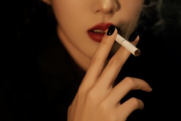 Fototapeta premium A woman with red painted lips. He smokes a cigarette, emits smoke from his mouth. Close-up