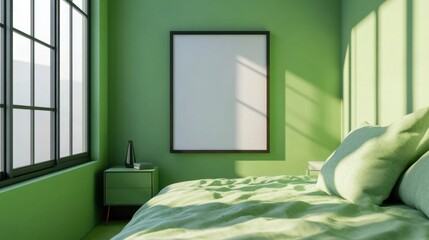 a green bedroom with a bed and a picture frame