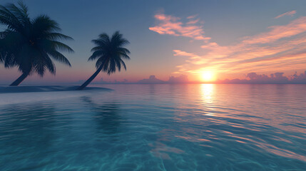 A tropical sunrise with clear blue skies, the sun rising over the horizon and casting long reflections on the calm, crystal-clear water.