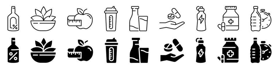 Healthy lifestyle and nutrition Icon set. Silhouette style.