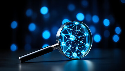 Magnifying glass showing a connected neural network structure with blue glowing nodes. Symbolic image for AI and research.
