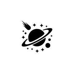 Black & White Space Icon: Planet, Stars, Comet, Modern Design