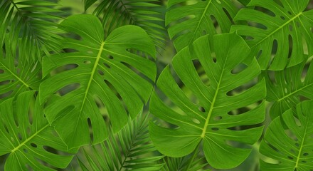 Lush Tropical Leaves Background - Vibrant green monstera and palm leaves create a lush tropical scene, symbolizing growth, paradise, tranquility, nature, and abundance