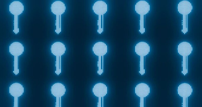 Abstract Cyber security and Cyber space animation with keys, Digital Passkeys concept, security and secure access concept, Data Security Protection, Holographic LED Screen Effect. Glowing Neon Keys.