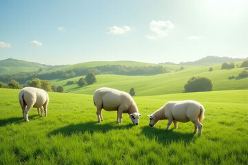 Fototapeta premium Three fluffy sheep peacefully grazing in a vibrant green rolling hills landscape bathed in warm sunlight.