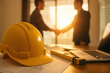 Construction Agreement Success with Safety Helmet and Businessmen