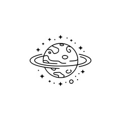 Minimalist Planet and Stars Illustration, Black and White, Cosmic Design