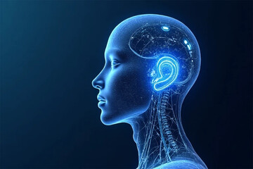 Obraz premium Unveiling the Enigma: A serene profile of a digital mind, its neural pathways glowing with ethereal blue light against a deep blue backdrop.