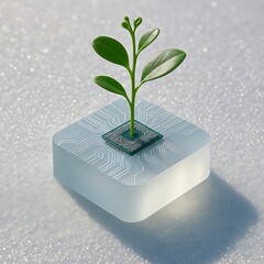 Green Seedling Growing from Microchip Symbolizing Tech Nature Fusion