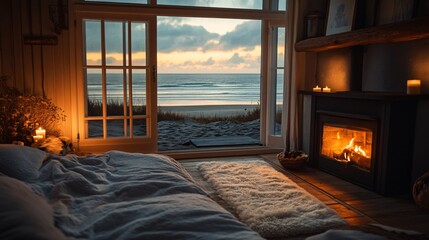 Cozy bedroom with ocean view and fireplace at sunset, ideal for relaxation and comfort, showcasing a serene and inviting space.