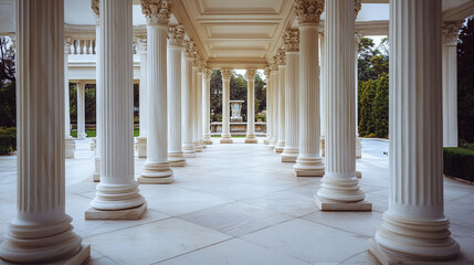 Obraz premium Elegant colonnade with white marble columns and a garden view.