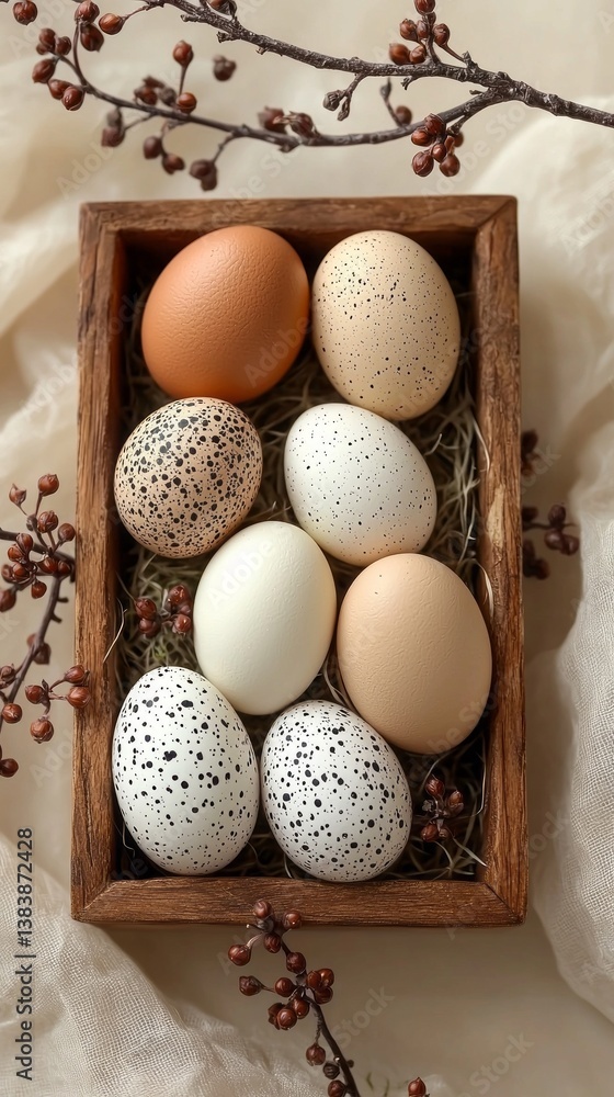 Poster a rustic wooden tray showcases a lovely arrangement of decorated eggs in various colors and patterns