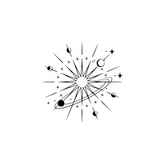 Celestial Burst: Minimalist Cosmic Illustration on White