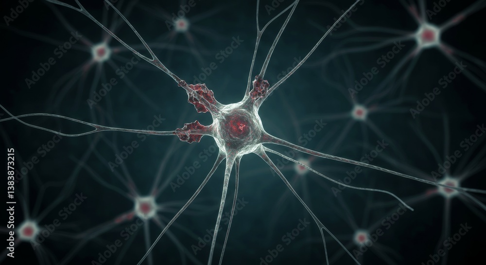 Poster microscopic neural network - detailed 3d of a neuron network, showcasing intricate connections and c
