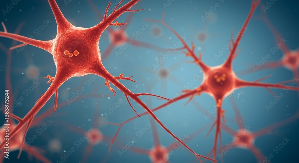 Poster microscopic view of neuron cells - close-up view of intricate neuron cells, showcasing their complex