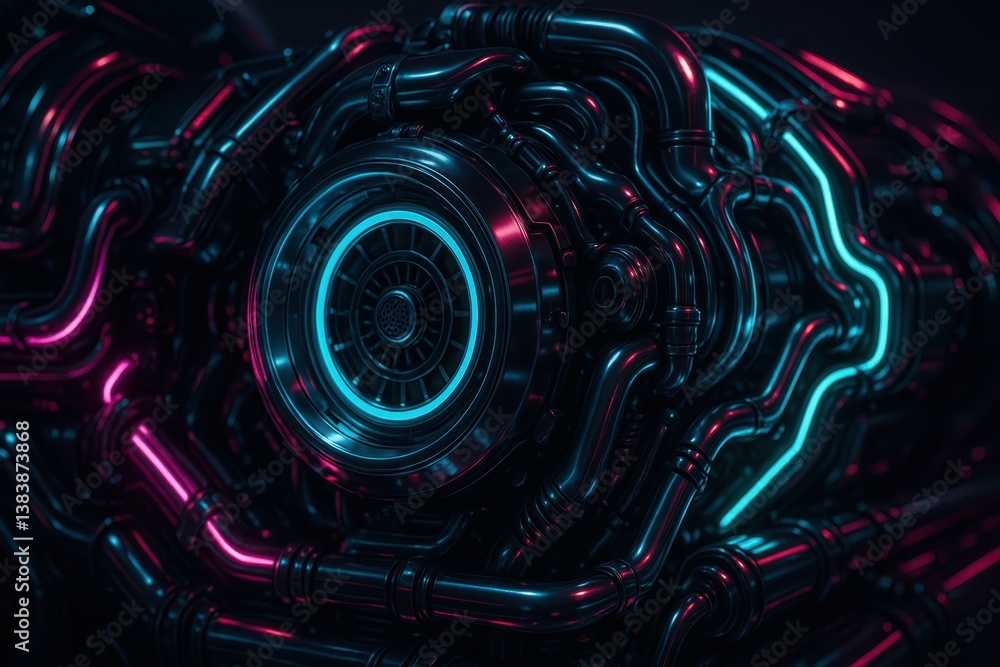 Poster futuristic neon engine design with intricate pipe structures