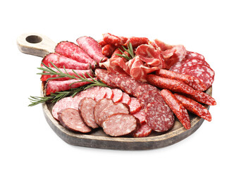 Different smoked sausages slices isolated on white