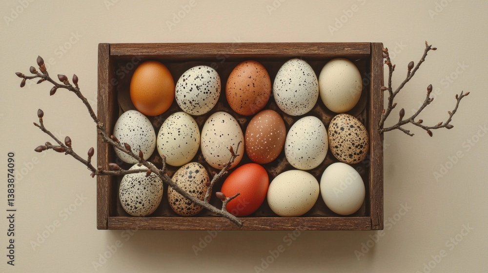 Poster a beautifully arranged wooden box showcases a variety of colorful and speckled eggs. delicate branch