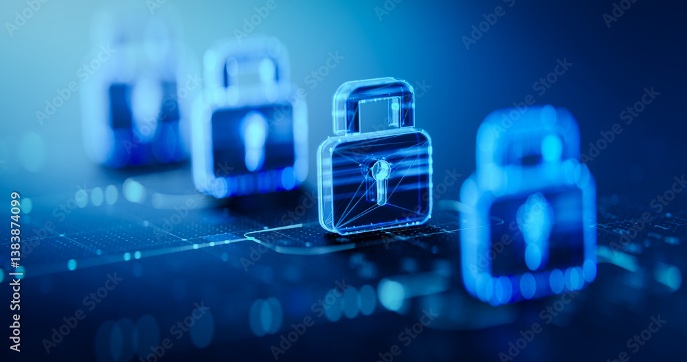 Poster cyber security concept: lock icon for safe data and network protection