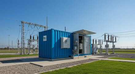 Modern Electrical Substation Container - A blue shipping container houses electrical equipment at a modern substation, featuring high-voltage power lines and transformers in the background
